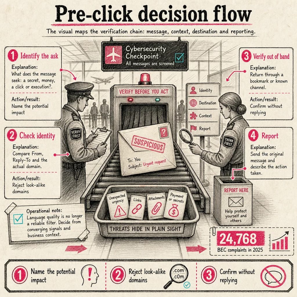 The visual maps the verification chain: message, context, destination and reporting.