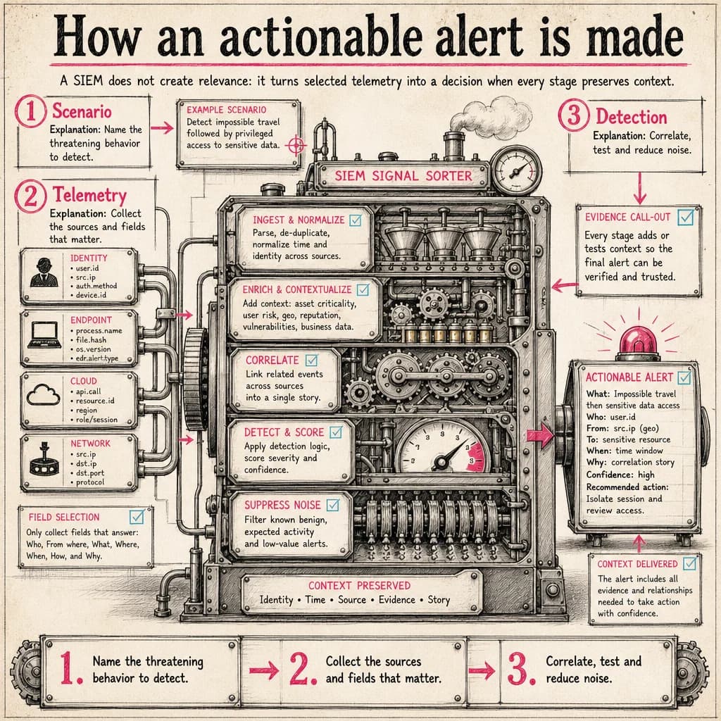 A SIEM does not create relevance: it turns selected telemetry into a decision when every stage preserves context.