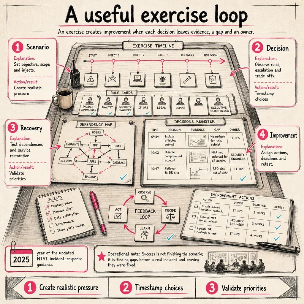 An exercise creates improvement when each decision leaves evidence, a gap and an owner.