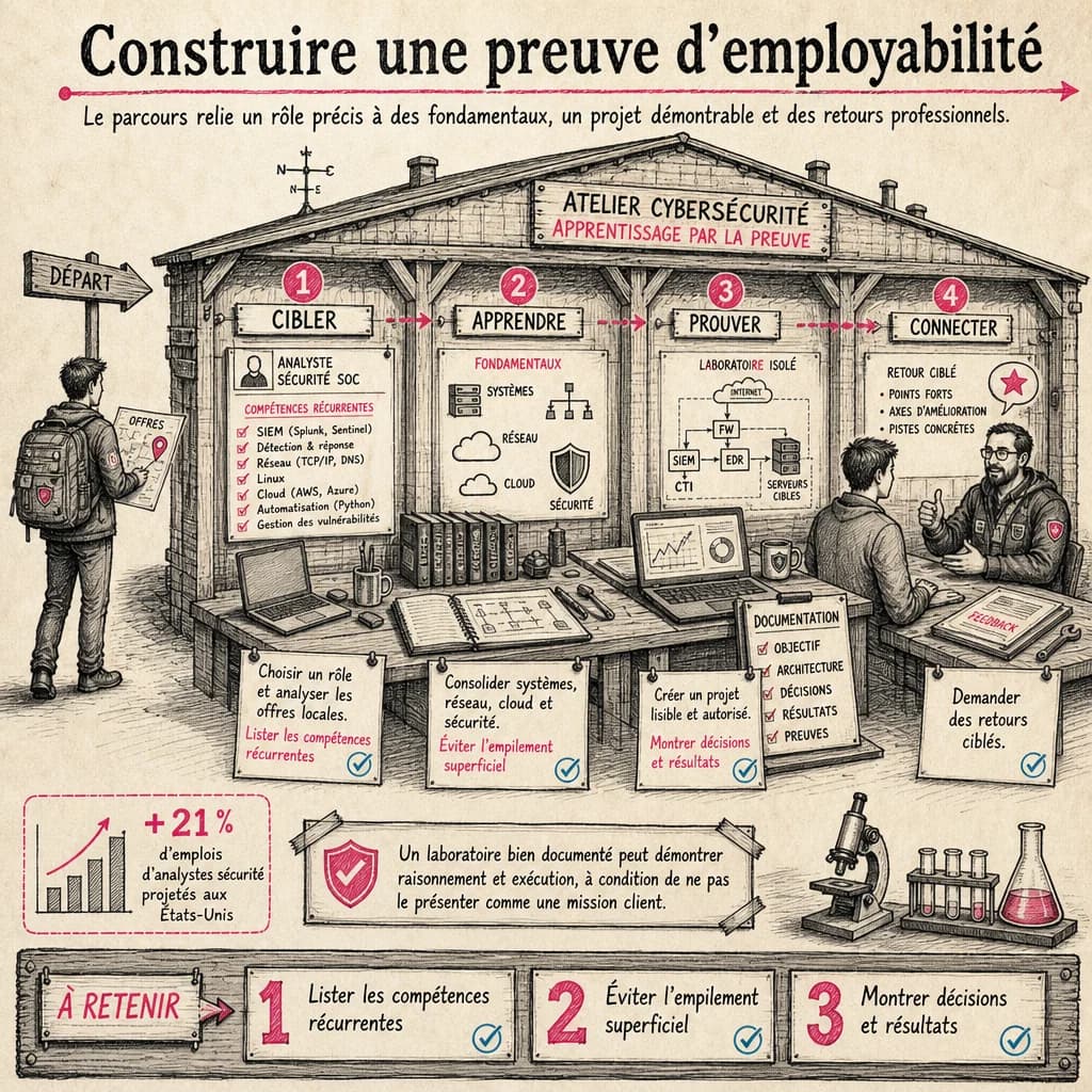 Le parcours relie un rôle précis à des fondamentaux, un projet démontrable et des retours professionnels.