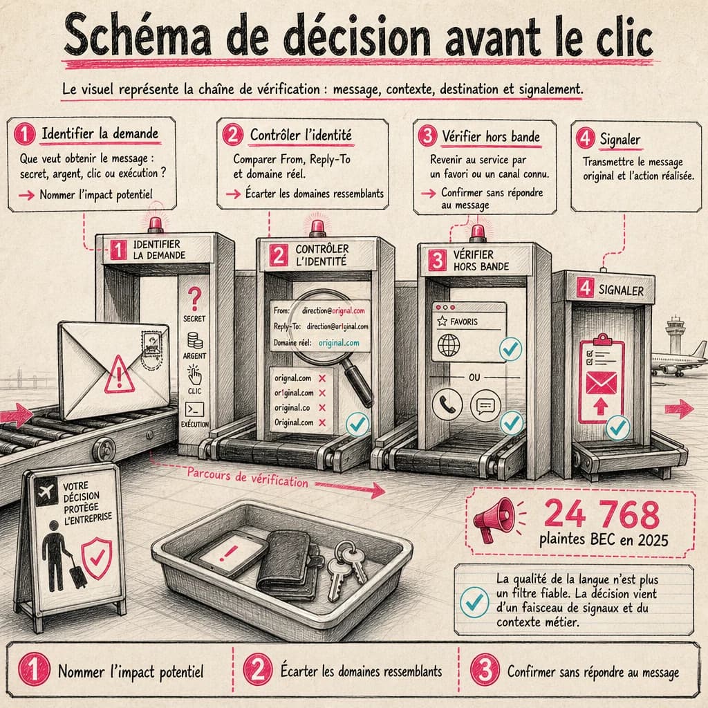 Le visuel représente la chaîne de vérification : message, contexte, destination et signalement.