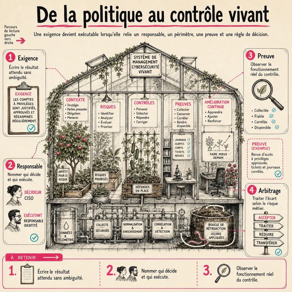 Une exigence devient exécutable lorsqu’elle relie un responsable, un périmètre, une preuve et une règle de décision.
