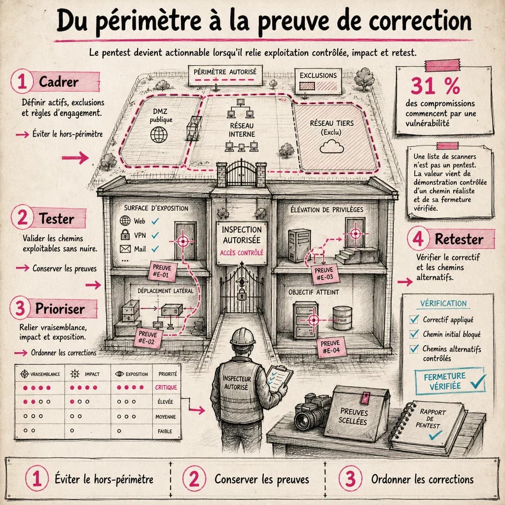 Le pentest devient actionnable lorsqu’il relie exploitation contrôlée, impact et retest.