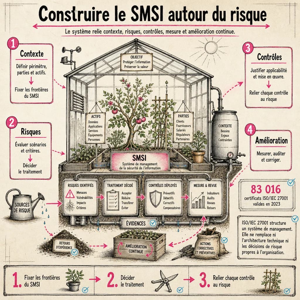 Le système relie contexte, risques, contrôles, mesure et amélioration continue.