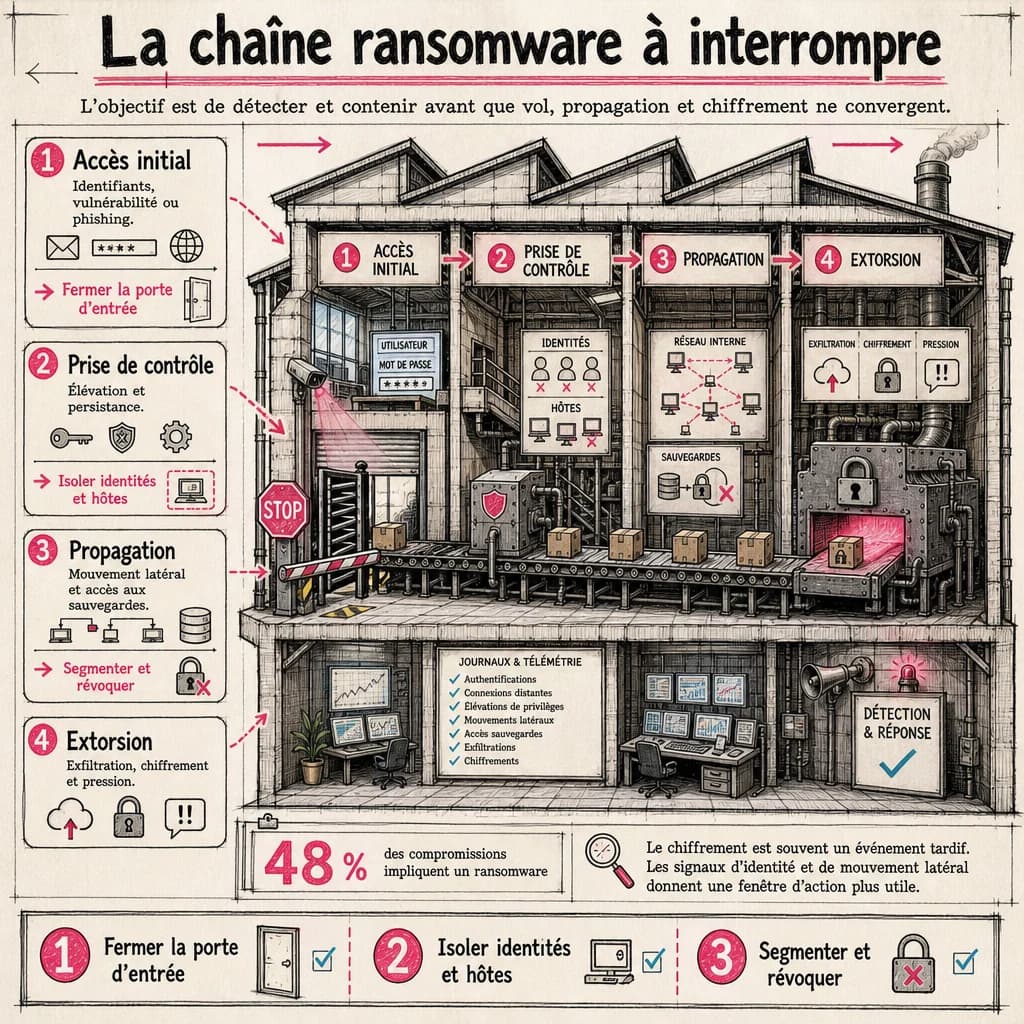 L’objectif est de détecter et contenir avant que vol, propagation et chiffrement ne convergent.
