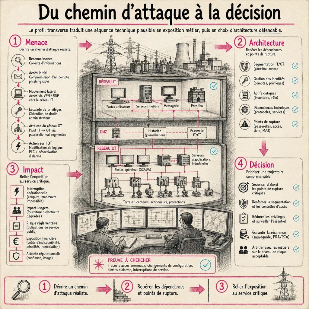 Le profil transverse traduit une séquence technique plausible en exposition métier, puis en choix d’architecture défendable.