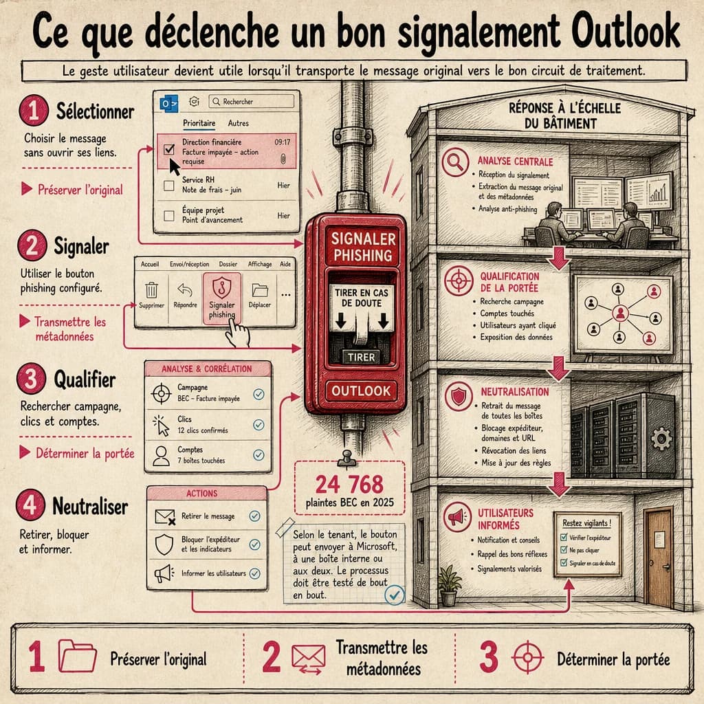Le geste utilisateur devient utile lorsqu’il transporte le message original vers le bon circuit de traitement.