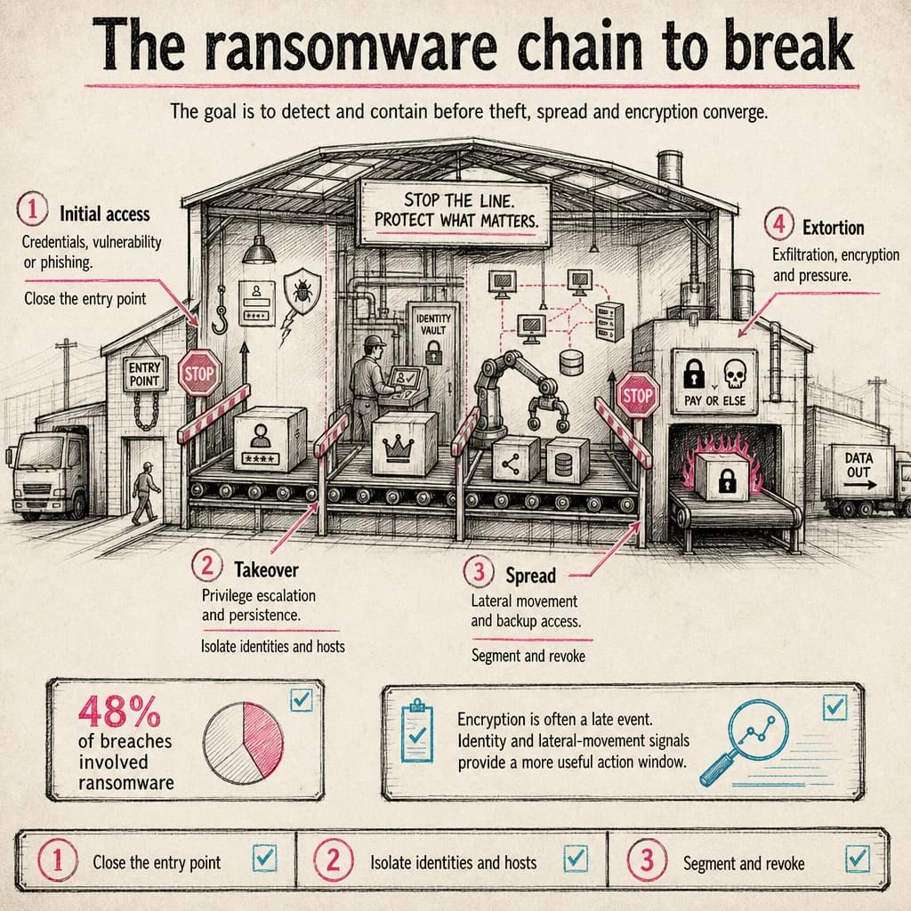 The goal is to detect and contain before theft, spread and encryption converge.