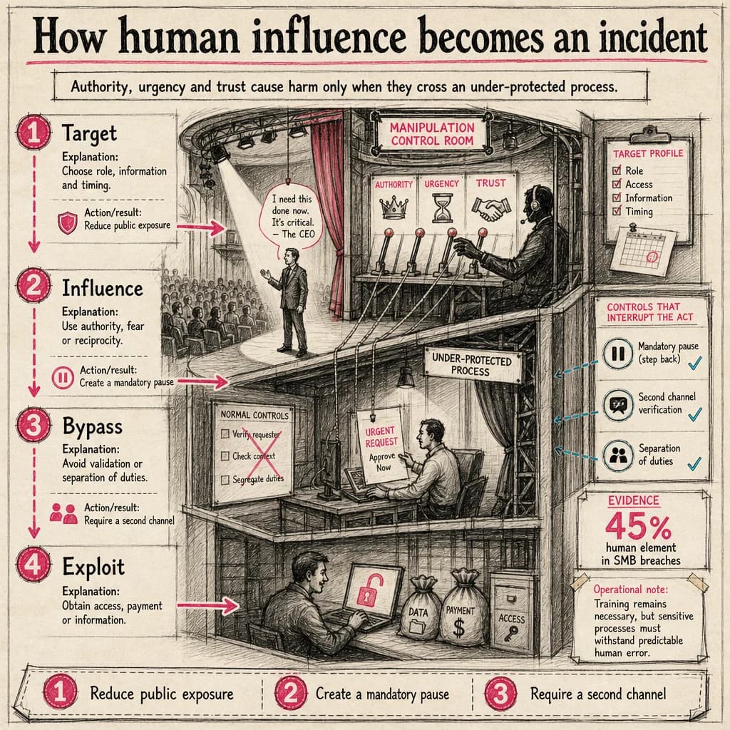 Authority, urgency and trust cause harm only when they cross an under-protected process.