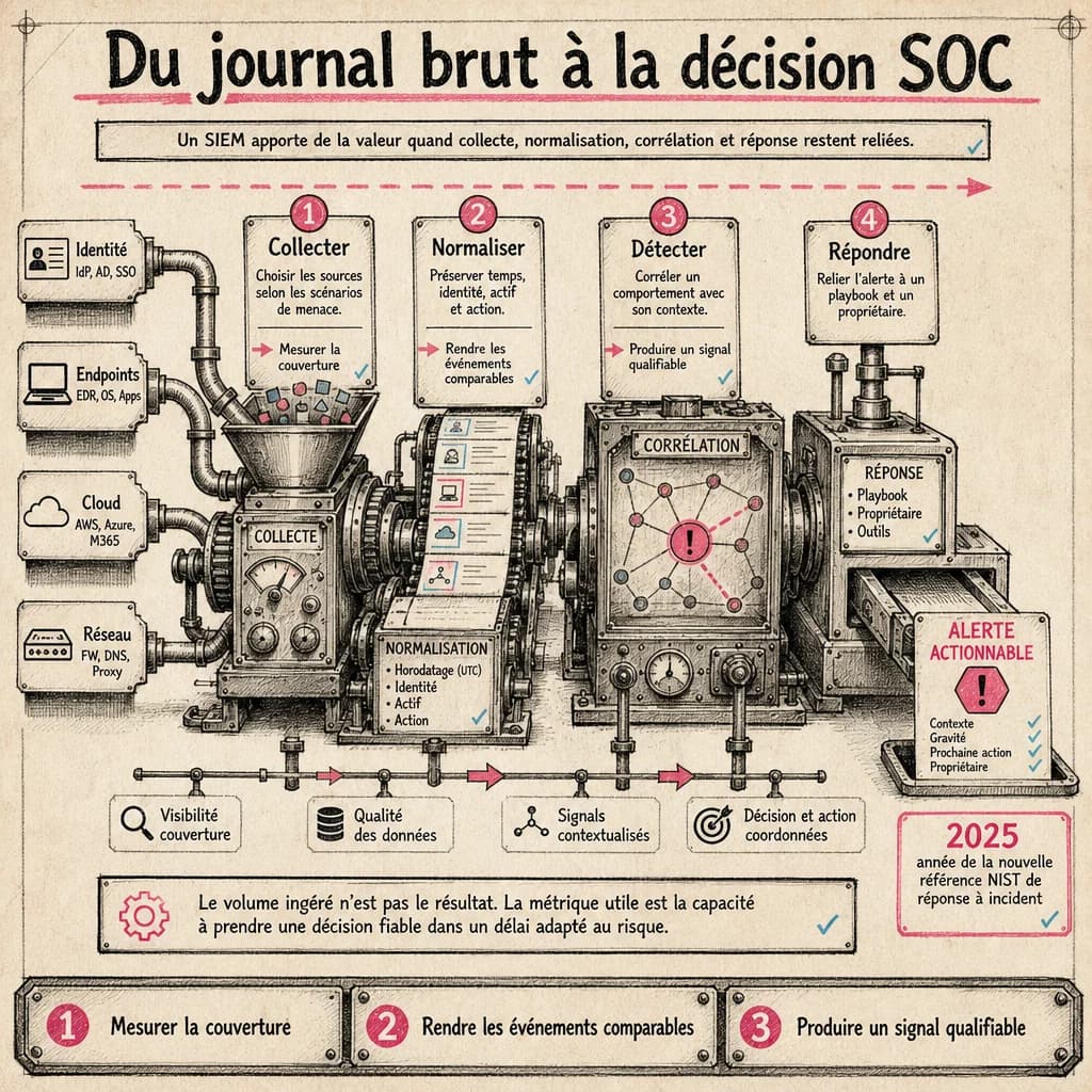 Un SIEM apporte de la valeur quand collecte, normalisation, corrélation et réponse restent reliées.