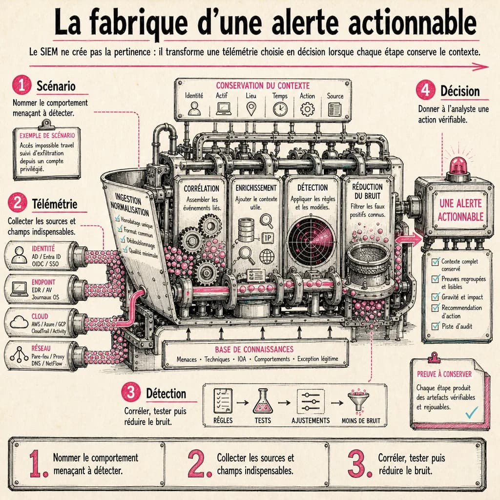 Le SIEM ne crée pas la pertinence : il transforme une télémétrie choisie en décision lorsque chaque étape conserve le contexte.