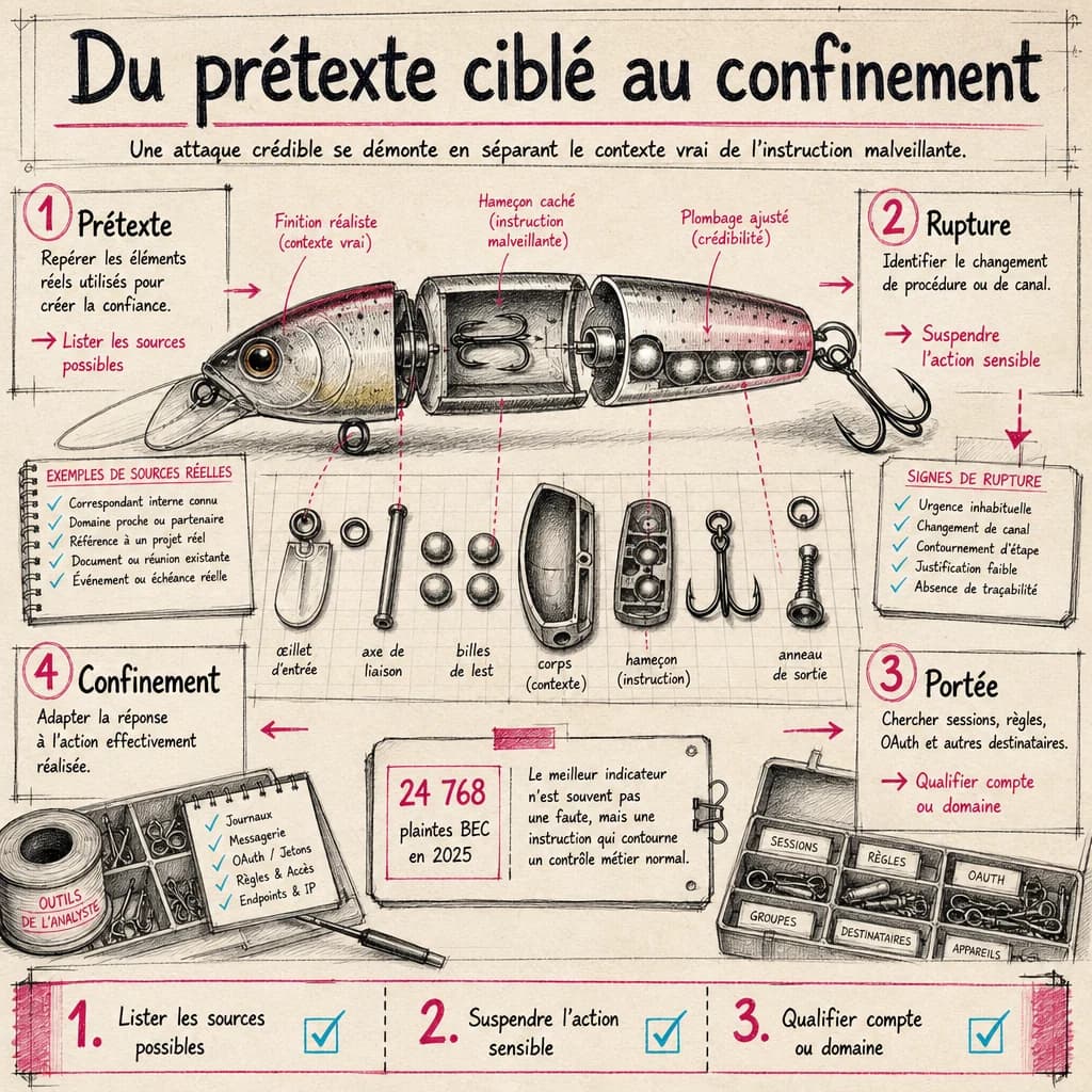 Une attaque crédible se démonte en séparant le contexte vrai de l’instruction malveillante.